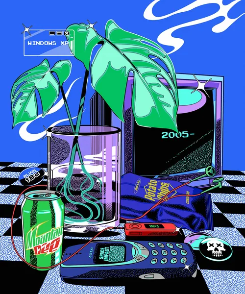 2005 tech nostalgia with vintage gadgets and Mountain Dew soda can
