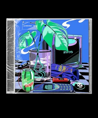 Digital art with plants, vintage electronics, and soda can on checkered floor