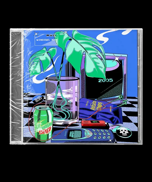 Digital art with plants, vintage electronics, and soda can on checkered floor