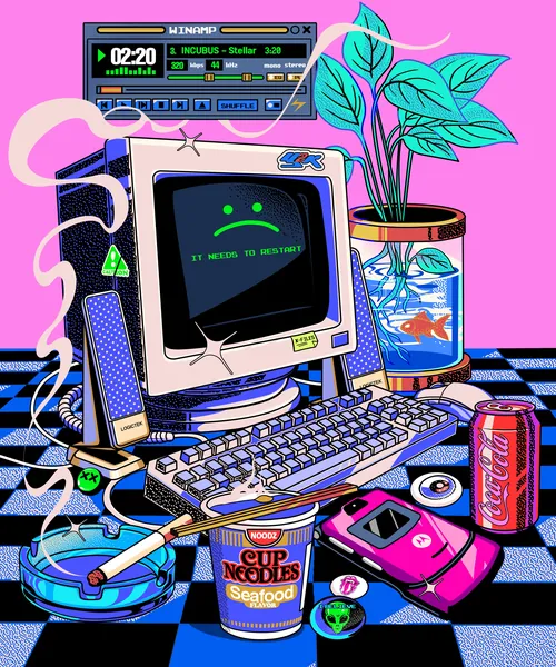 Old computer and keyboard on desk with cup noodles, soda, and plant, by Heymoonly Dale