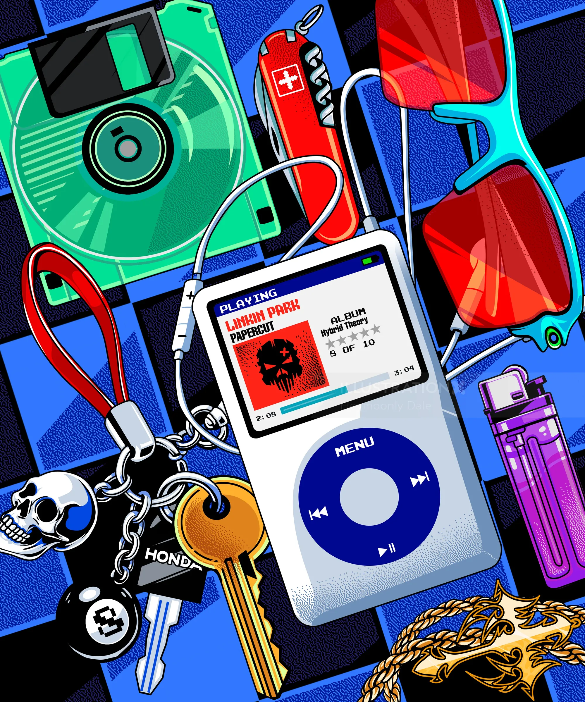 Illustration of an iPod with keys, skull charms, sunglasses, and lighter by Heymoonly Dale