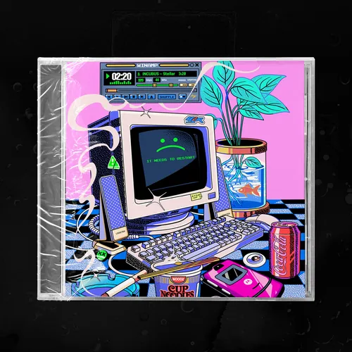 Vintage computer displaying sad face on screen with retro items by Heymoonly Dale