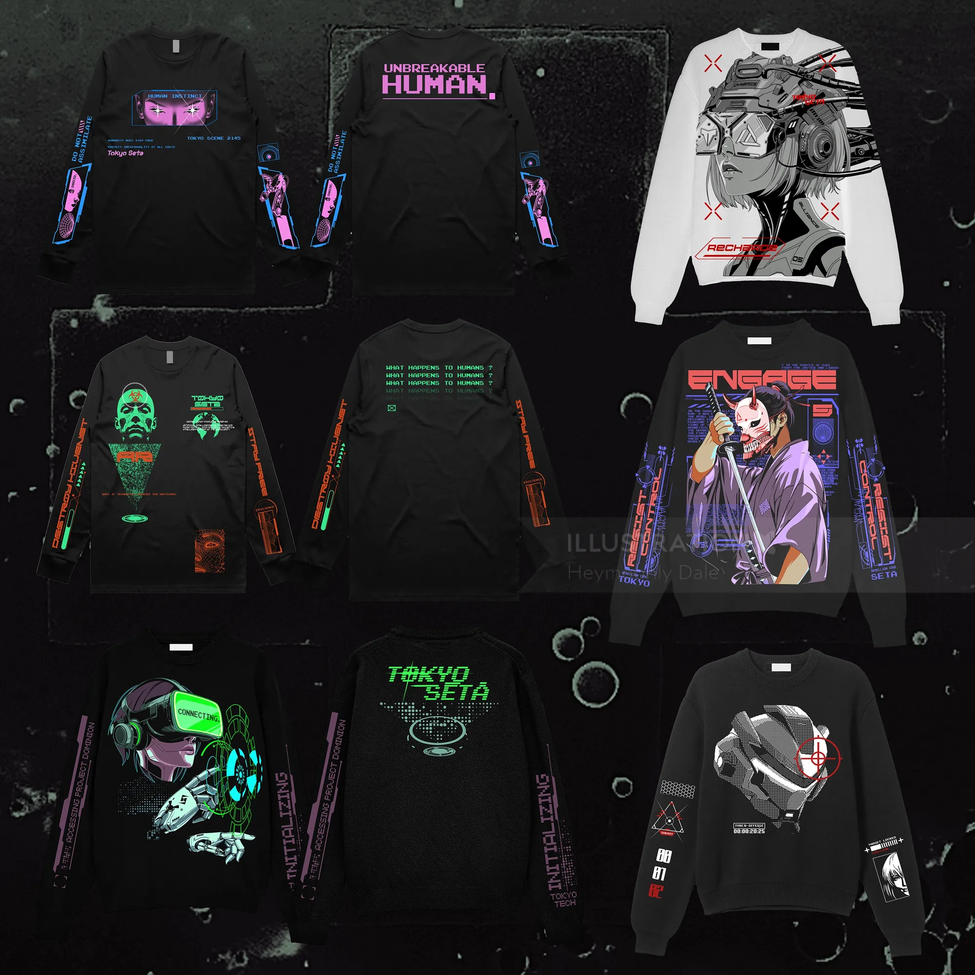 Futuristic graphic sweatshirts with neon cyberpunk designs by Heymoonly Dale