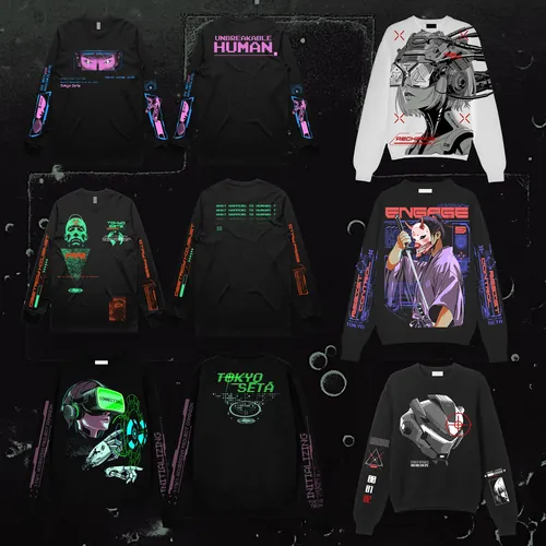 Moletons futuristas com estampas cyberpunk em neon da Heymoonly Dale