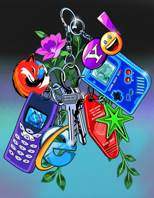 Y2K keychain with Game Boy, old mobile phone, keys, and smiley charm by Heymoonly Dale