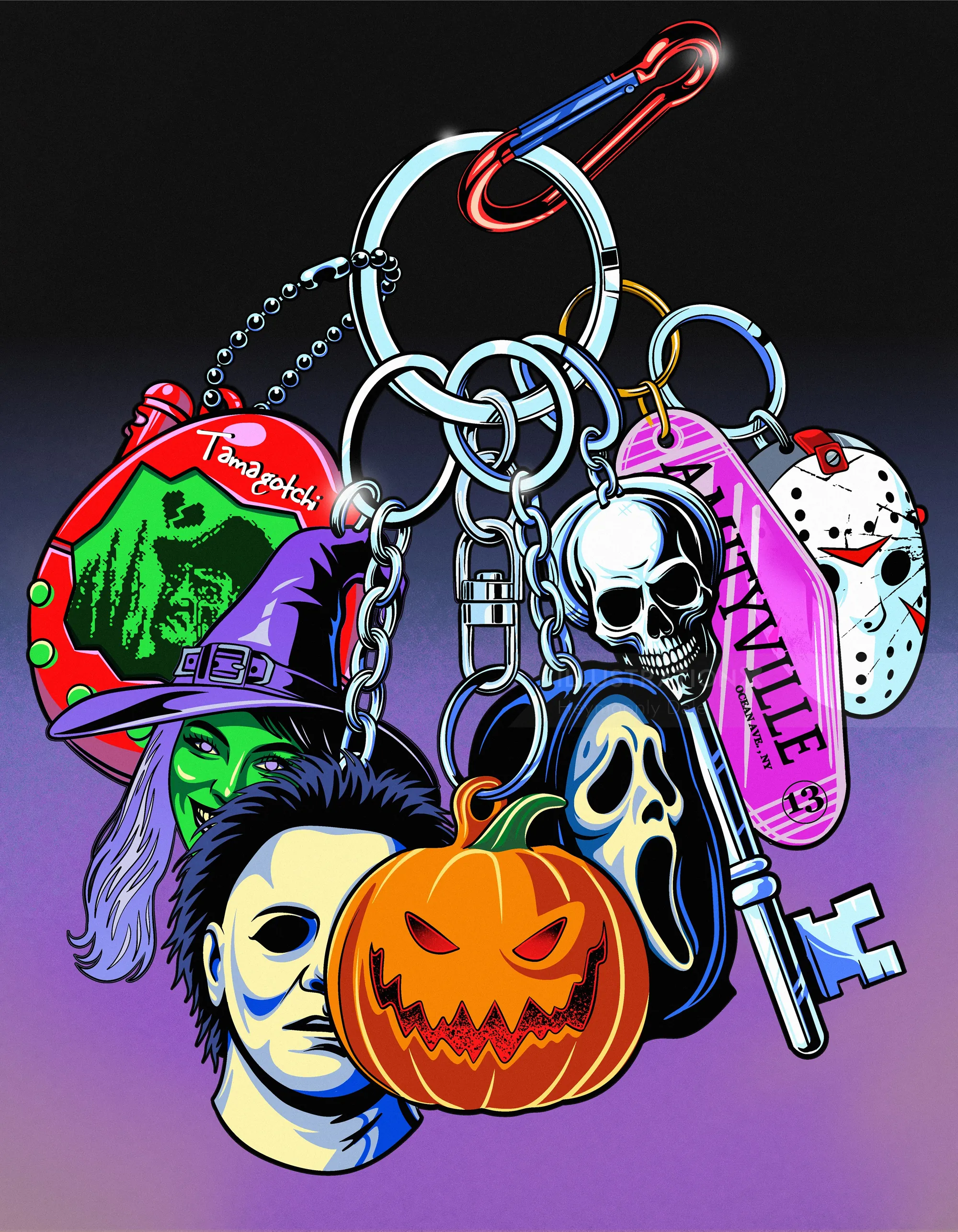 Keychains featuring iconic horror movie character masks by Heymoonly Dale