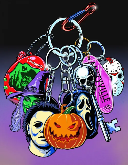 Keychains featuring iconic horror movie character masks by Heymoonly Dale