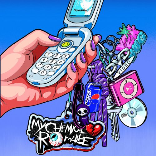 Y2K flip phone with keychain including Pepsi can and My Chemical Romance tag by Heymoonly Dale
