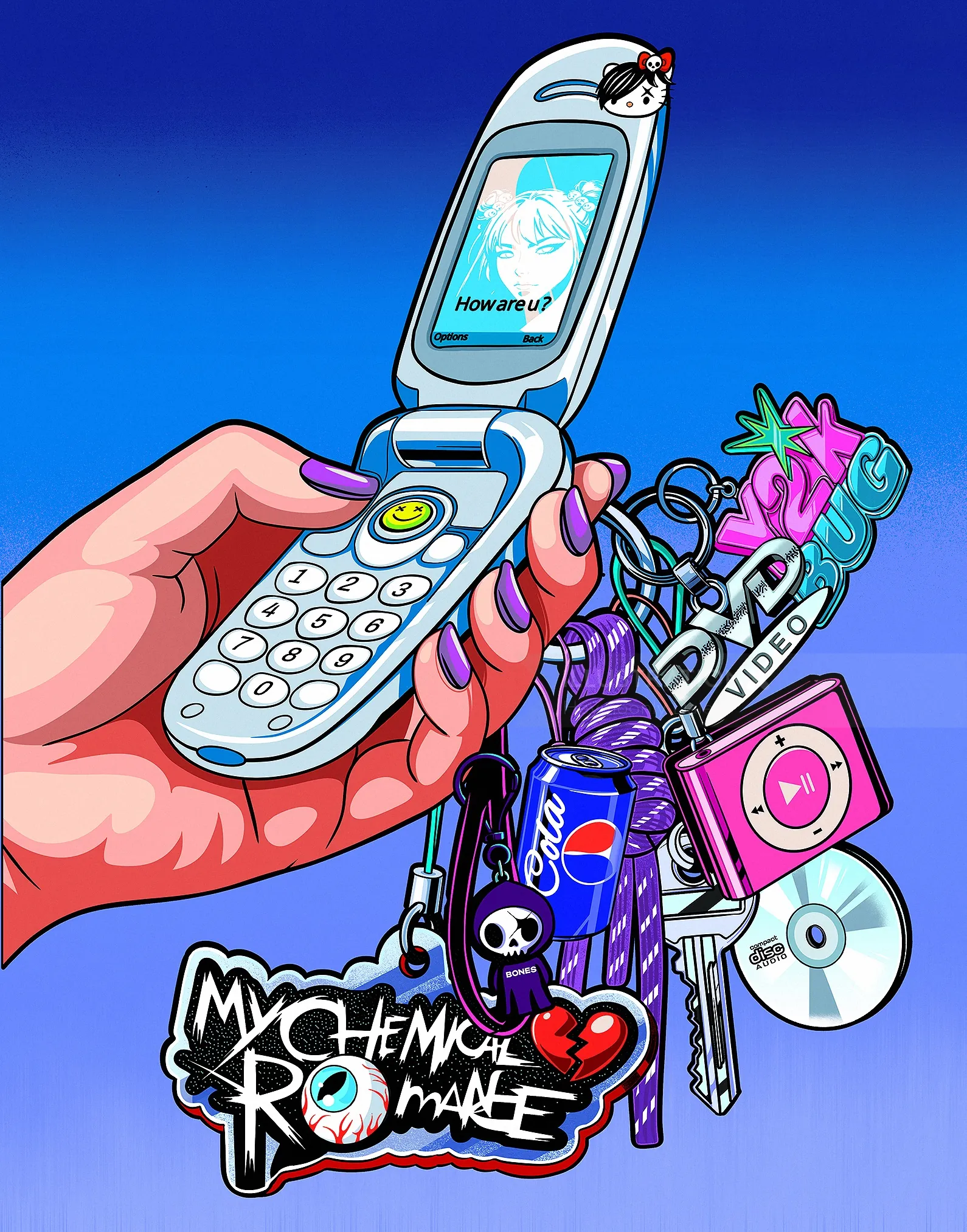 Y2K flip phone with keychain including Pepsi can and My Chemical Romance tag by Heymoonly Dale