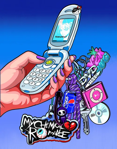 Y2K flip phone with keychain including Pepsi can and My Chemical Romance tag by Heymoonly Dale
