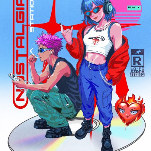 Two characters with colorful outfits and headphones in retro style by Heymoonly Dale