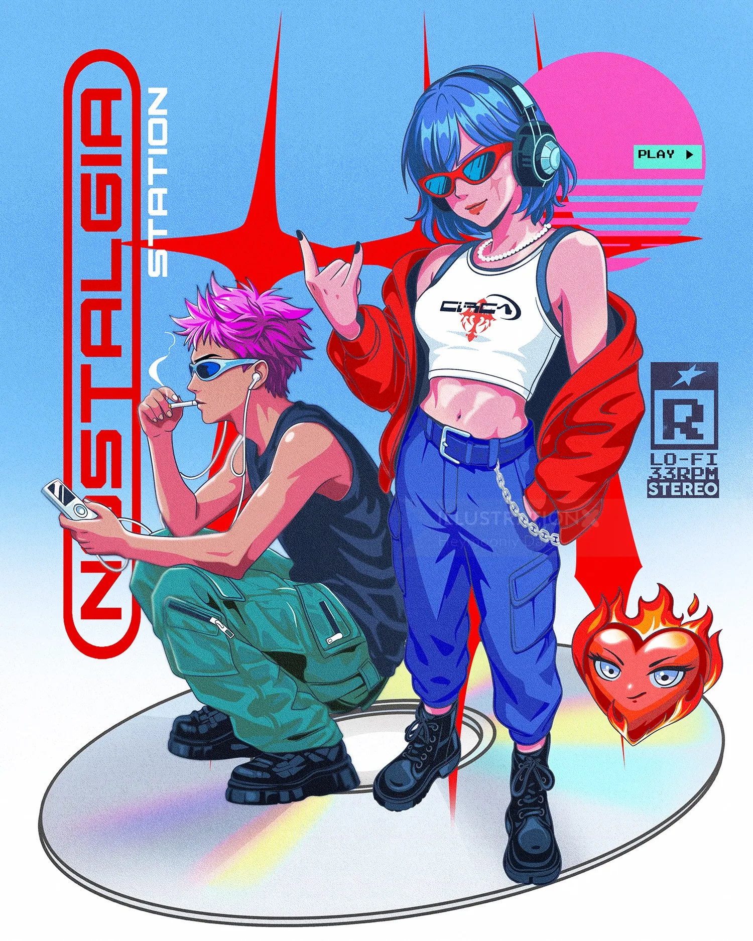 Two characters with colorful outfits and headphones in retro style by Heymoonly Dale