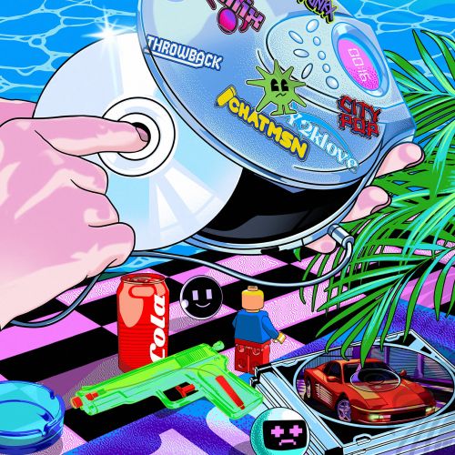 Hand holding a disc, neon gaming stickers, toy gun, and plants, by Heymoonly Dale