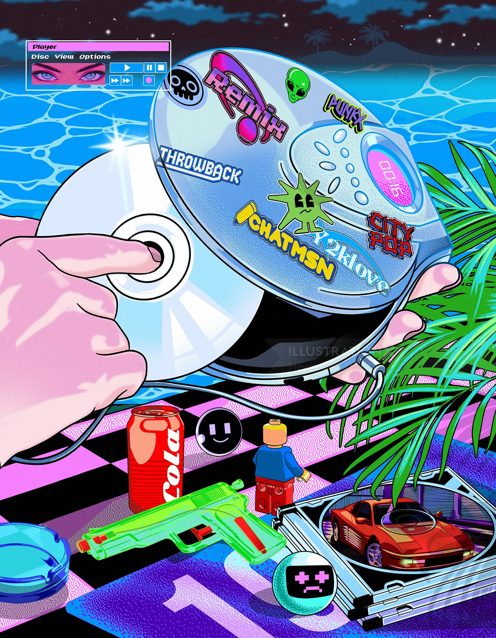 Hand holding a disc, neon gaming stickers, toy gun, and plants, by Heymoonly Dale