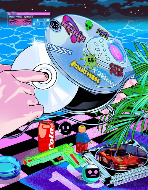 Hand holding a disc, neon gaming stickers, toy gun, and plants, by Heymoonly Dale