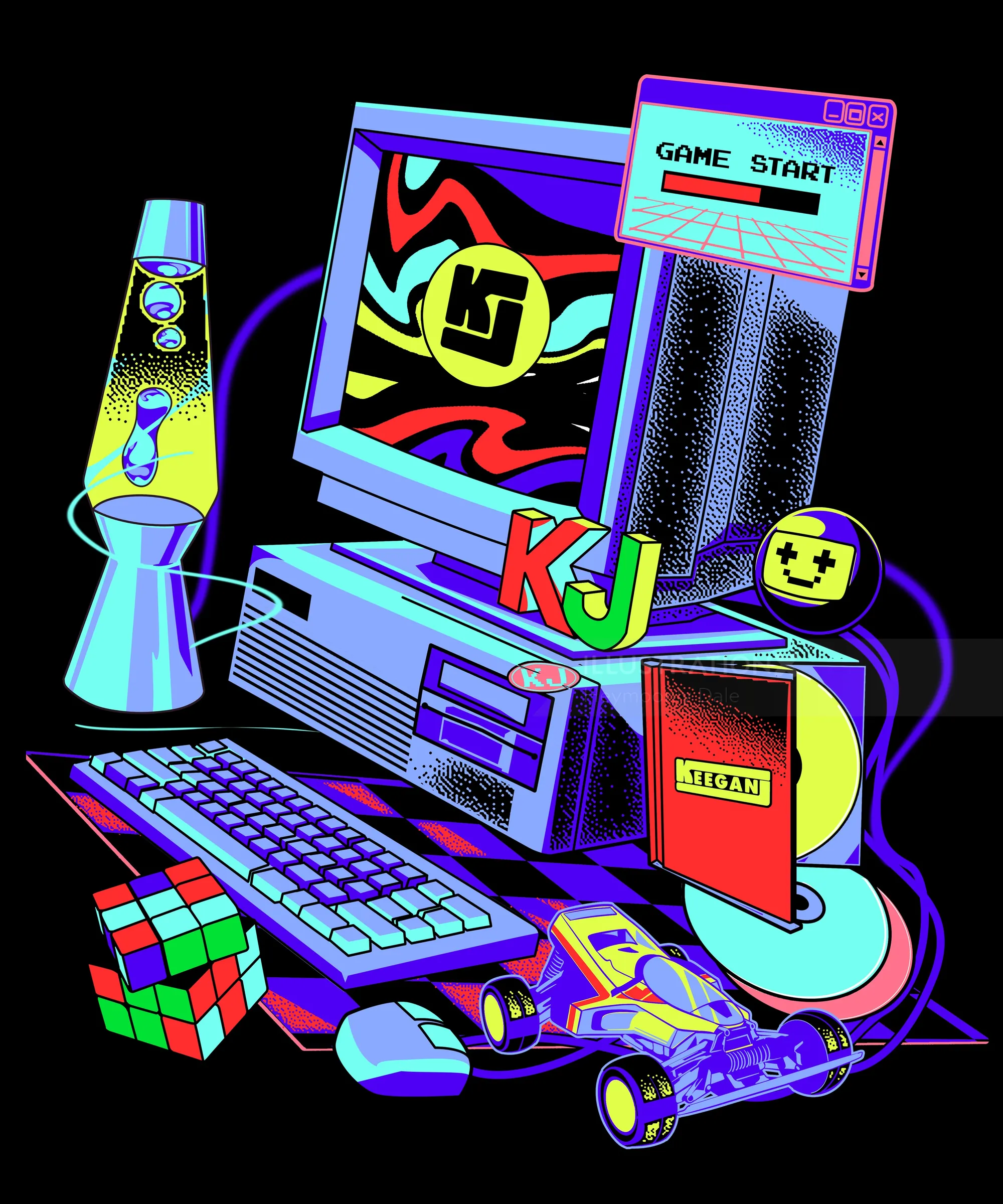Retro gaming setup with lava lamp and colorful computer display by Heymoonly Dale