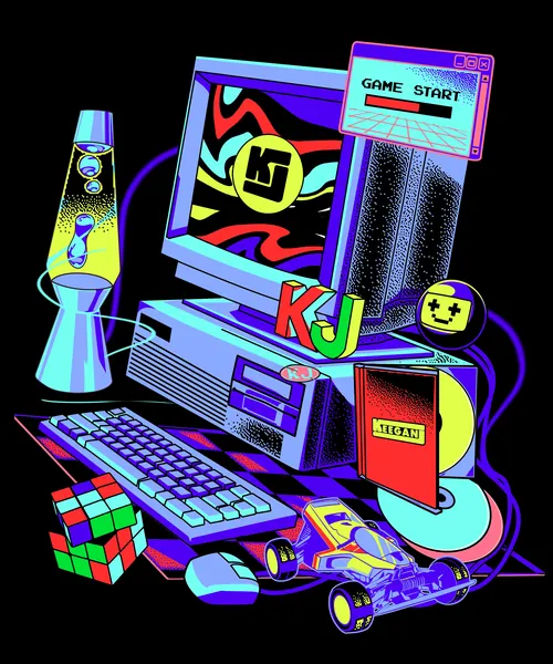 Retro gaming setup with lava lamp and colorful computer display by Heymoonly Dale