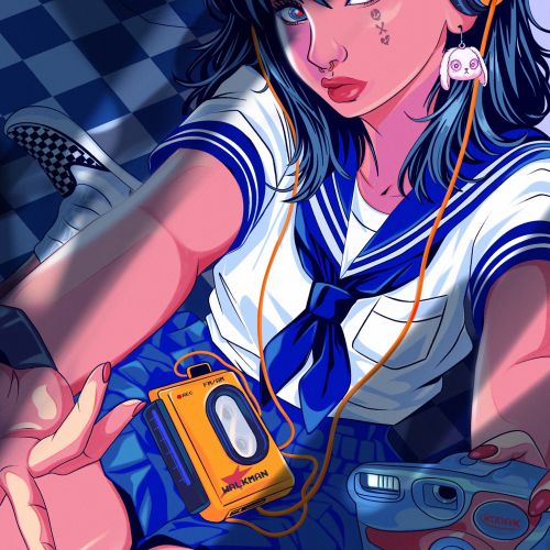 Girl in sailor uniform listening to music with headphones by Heymoonly Dale