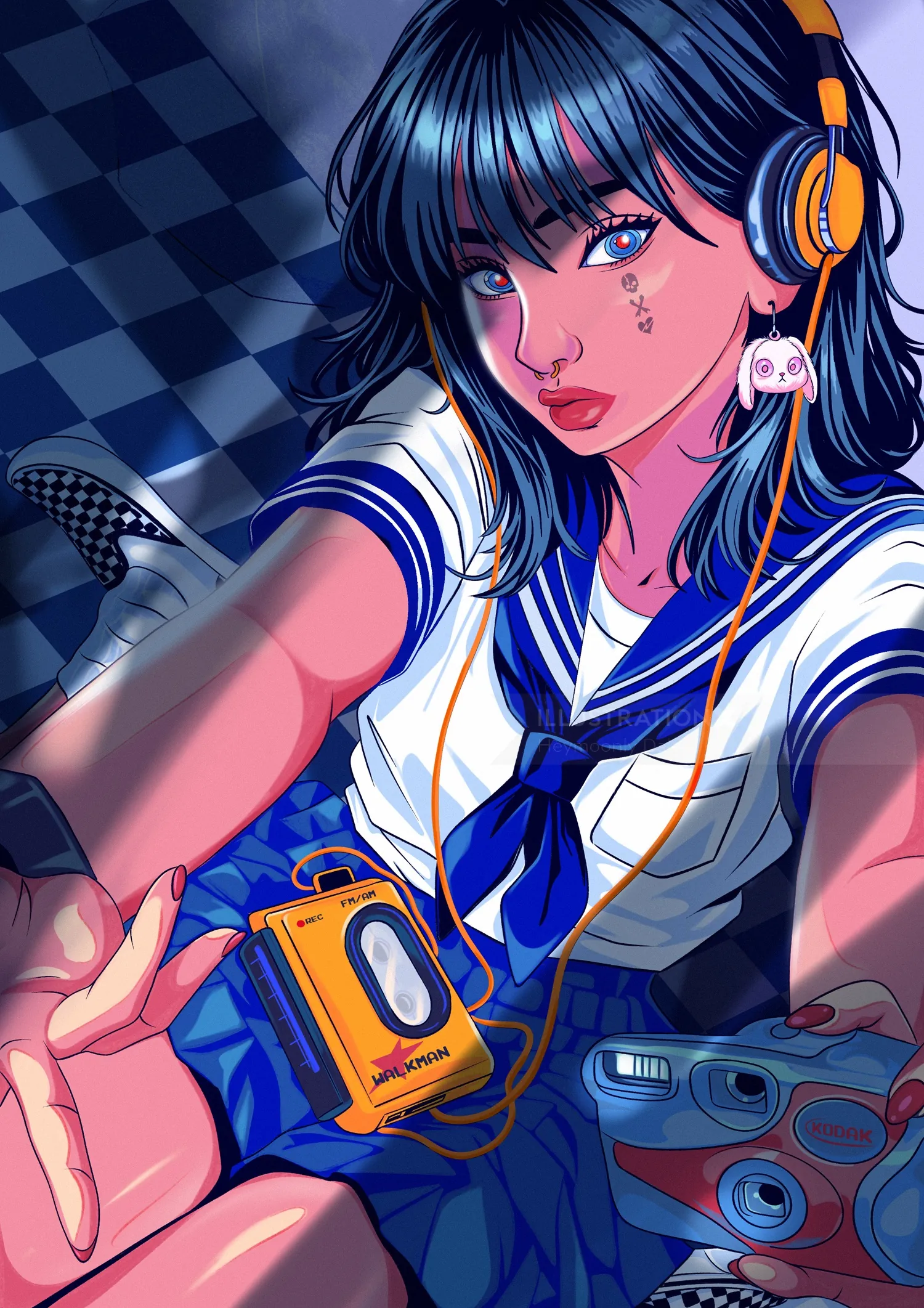 Girl in sailor uniform listening to music with headphones by Heymoonly Dale
