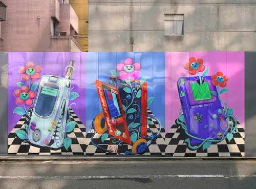 Heymoonly Dale 壁画，描绘了三个色彩鲜艳的复古手提音响和鲜花。