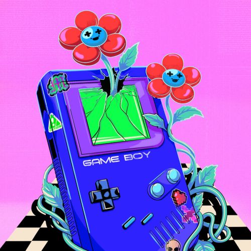 Game Boy artwork by Heymoonly Dale with flowers and checkerboard floor