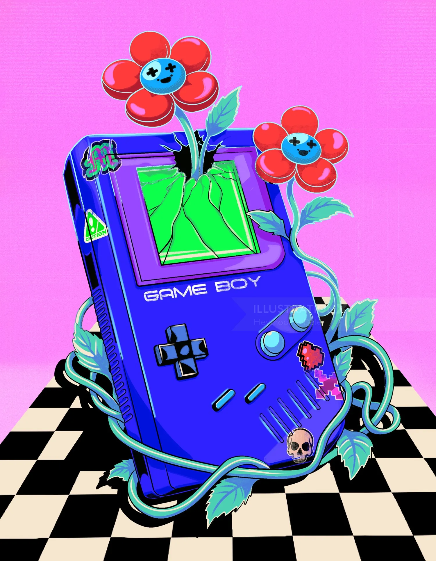 Game Boy 游戏机艺术作品，作者 Heymoonly Dale，图案为花朵和棋盘格地板