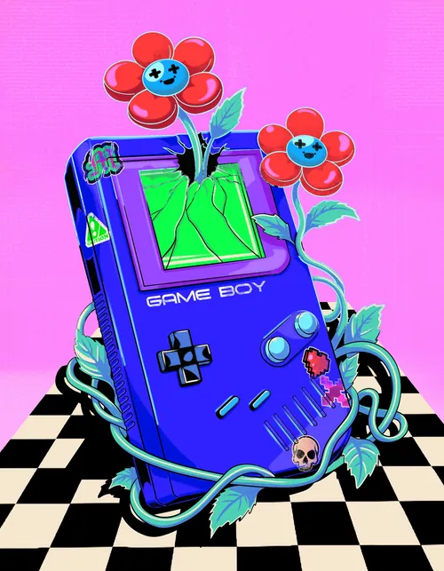 Game Boy 游戏机艺术作品，作者 Heymoonly Dale，图案为花朵和棋盘格地板