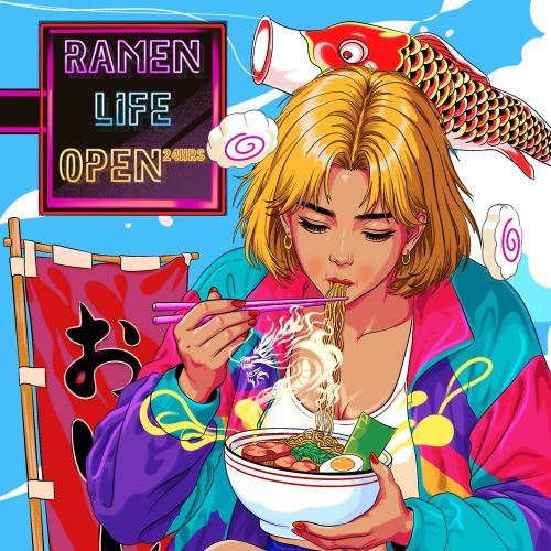 Colorful ramen illustration by Heymoonly Dale with a woman and lucky cat