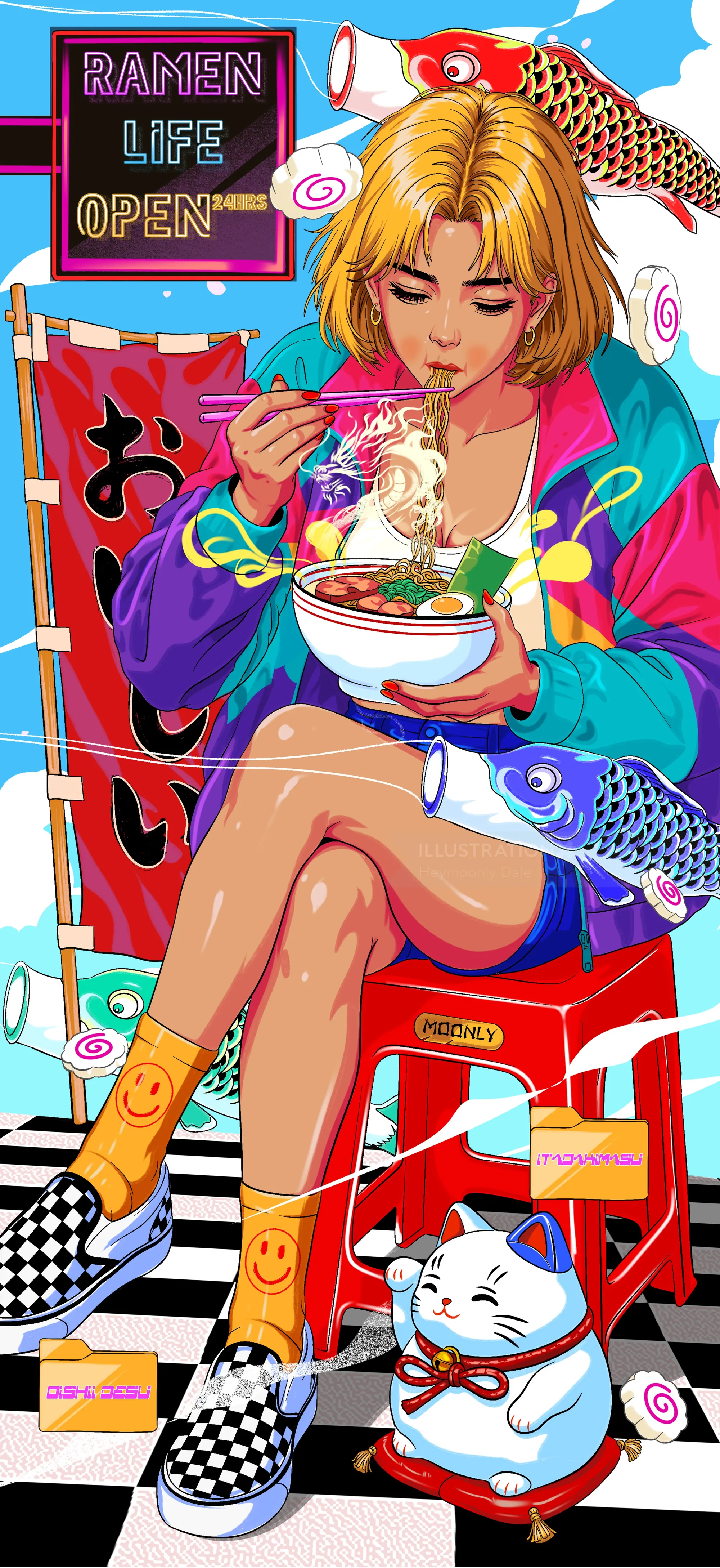 Colorful ramen illustration by Heymoonly Dale with a woman and lucky cat