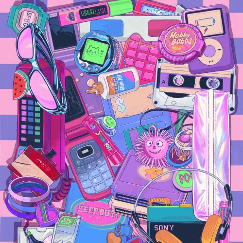 Heymoonly Dale’s colorful retro Y2K collage of gadgets and toys