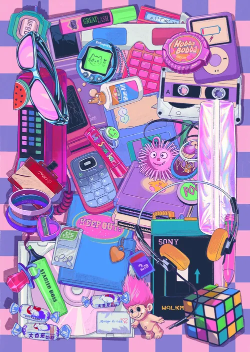 El colorido collage retro de gadgets y juguetes de Heymoonly Dale, inspirado en el año 2000.