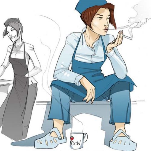 Graphic woman with cigarette and coffee