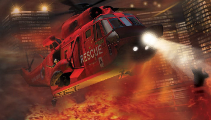 Scène de bâtiment de feu d&#39;hélicoptère