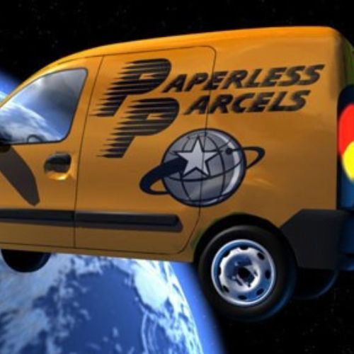 An animation of a van hitting orbit