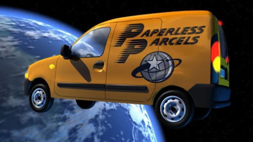 An animation of a van hitting orbit
