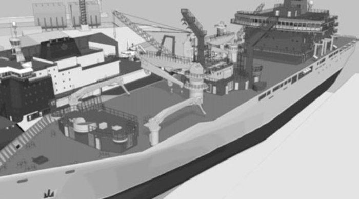 An animation of aerial view of a shipyard