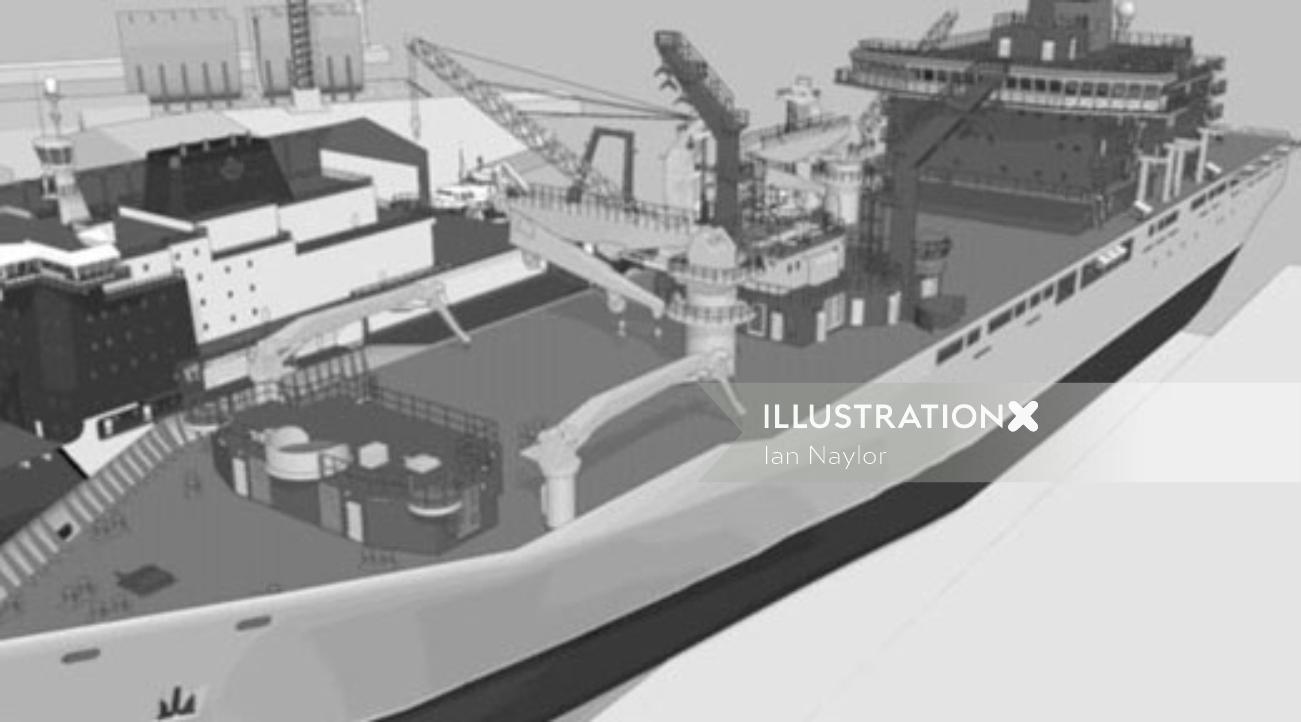 An animation of aerial view of a shipyard