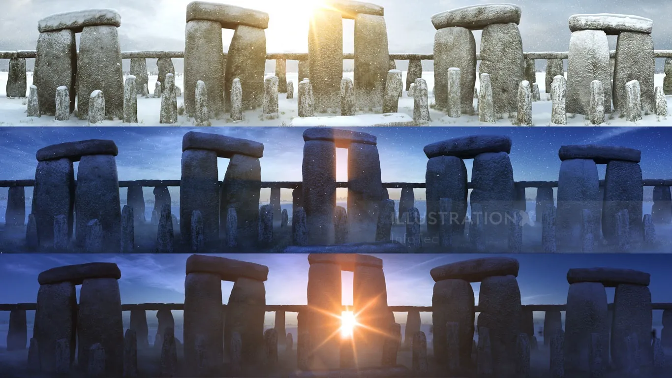 Stonehenge monument under varying sunlight from sunrise to sunset, artist InfoTec