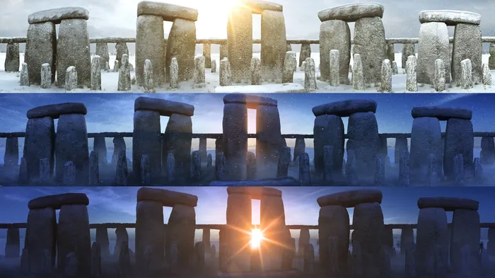 Stonehenge monument under varying sunlight from sunrise to sunset, artist InfoTec