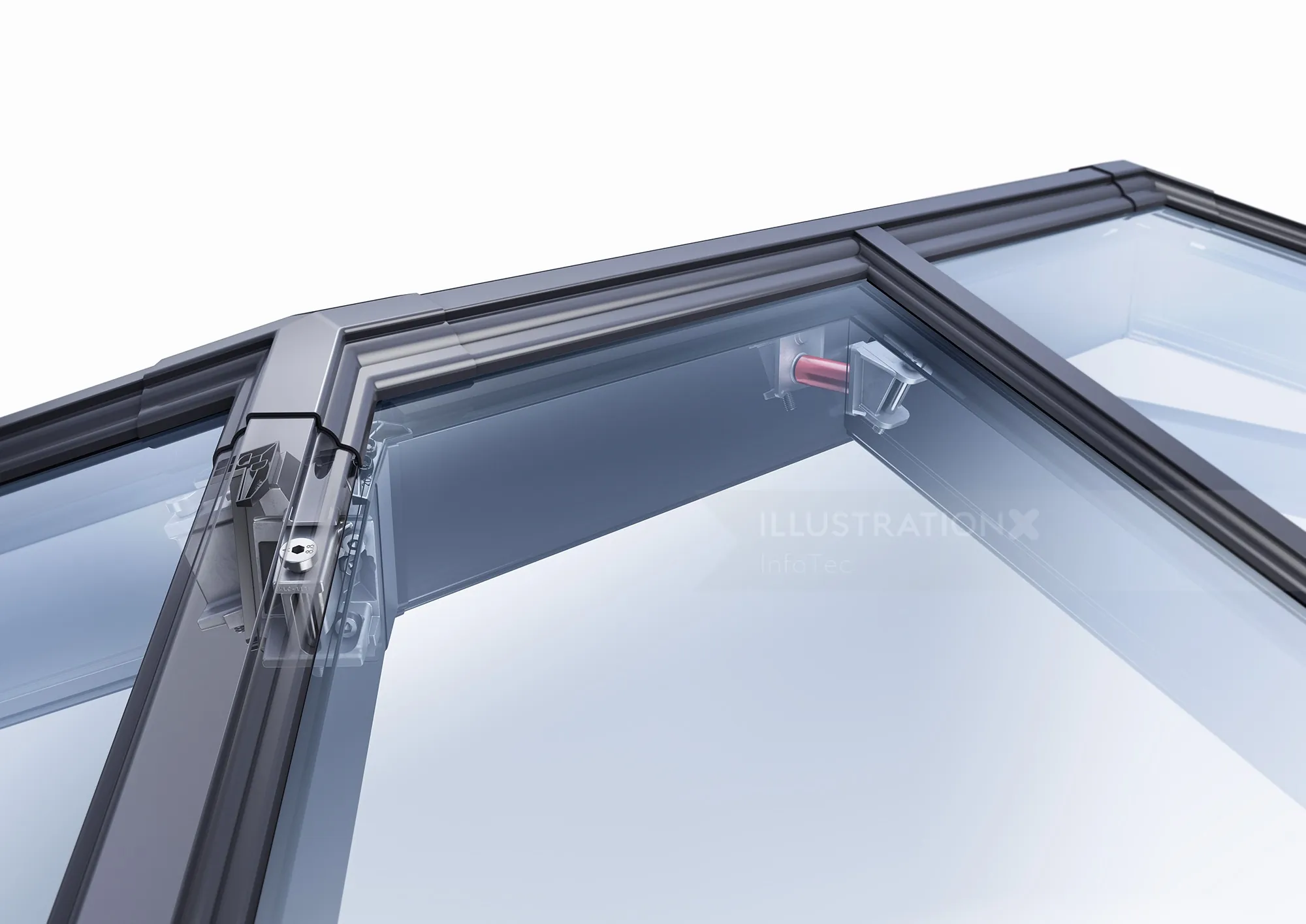 Close-up view of a bi-fold glass door hinge and frame by InfoTec
