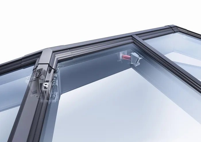 Close-up view of a bi-fold glass door hinge and frame by InfoTec