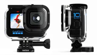 GoPro HERO10 Black camera with waterproof housing, showing front and side views by InfoTec