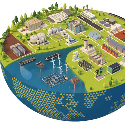 Isometric renewable energy complex with solar panels, wind turbines, and water facilities by InfoTec
