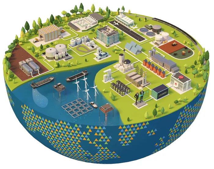 Isometric renewable energy complex with solar panels, wind turbines, and water facilities by InfoTec