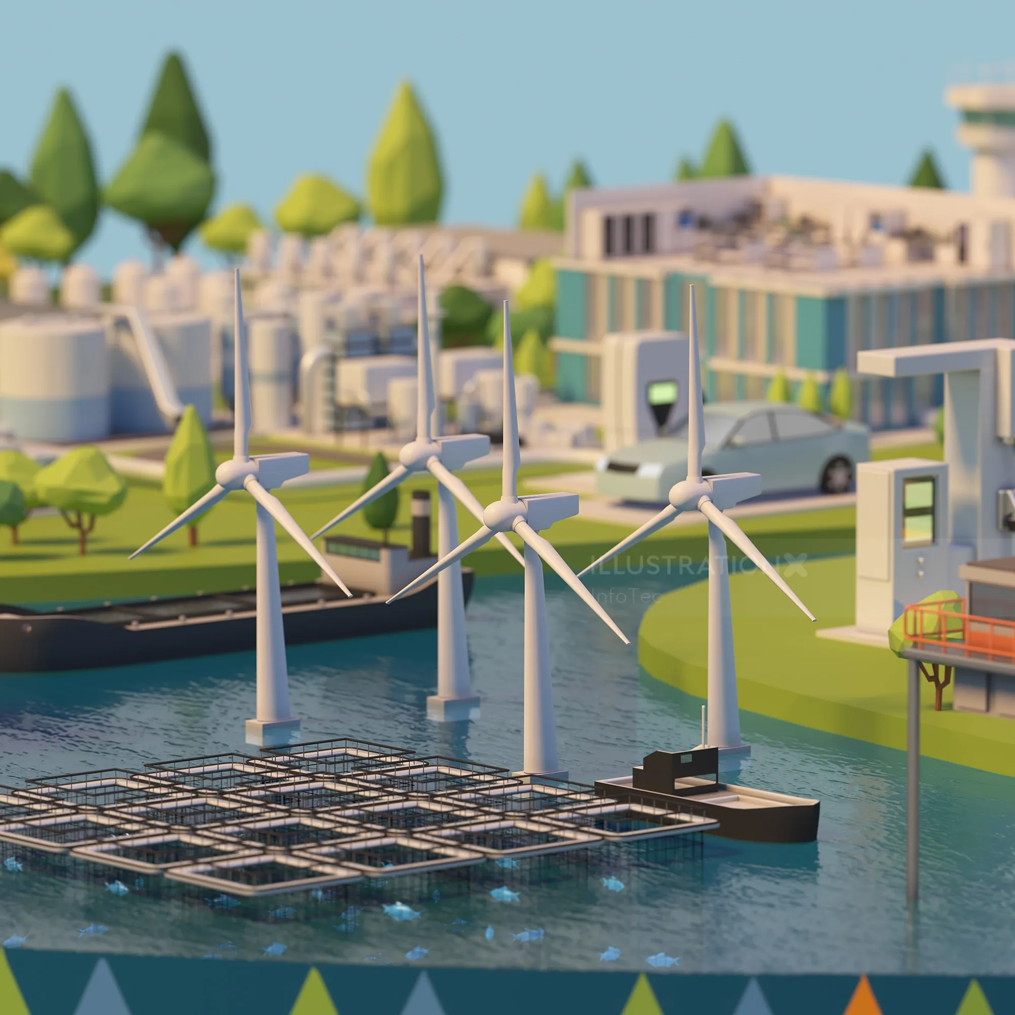 Renewable energy scene with wind turbines and solar panels by water, artwork by InfoTec