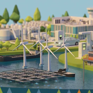 Renewable energy scene with wind turbines and solar panels by water, artwork by InfoTec