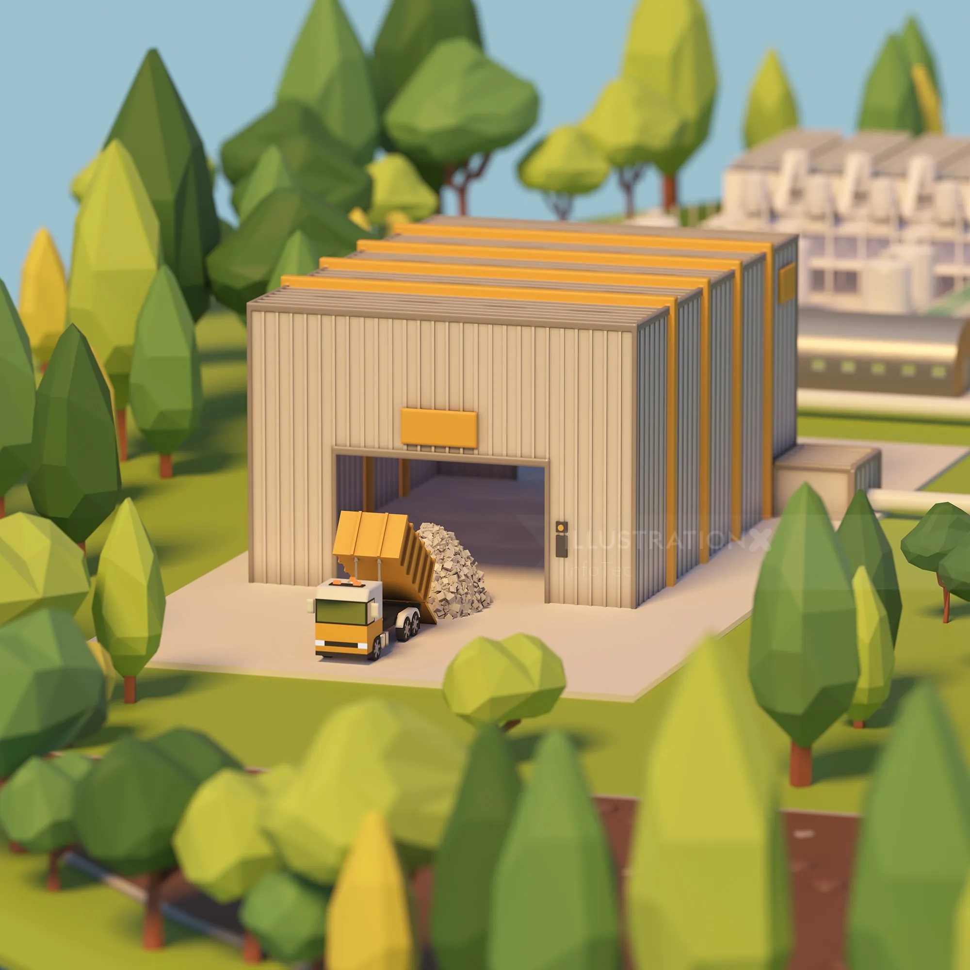 3D warehouse unloading cargo with truck and trees by InfoTec