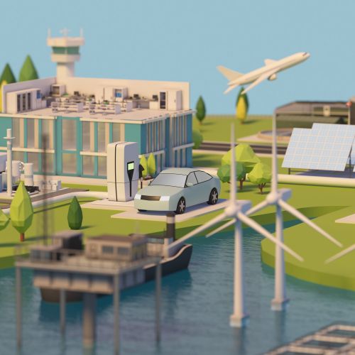 風力タービン、ソーラーパネル、電気自動車、飛行機を備えた3Dスマートシティモデル（作成者：InfoTec）