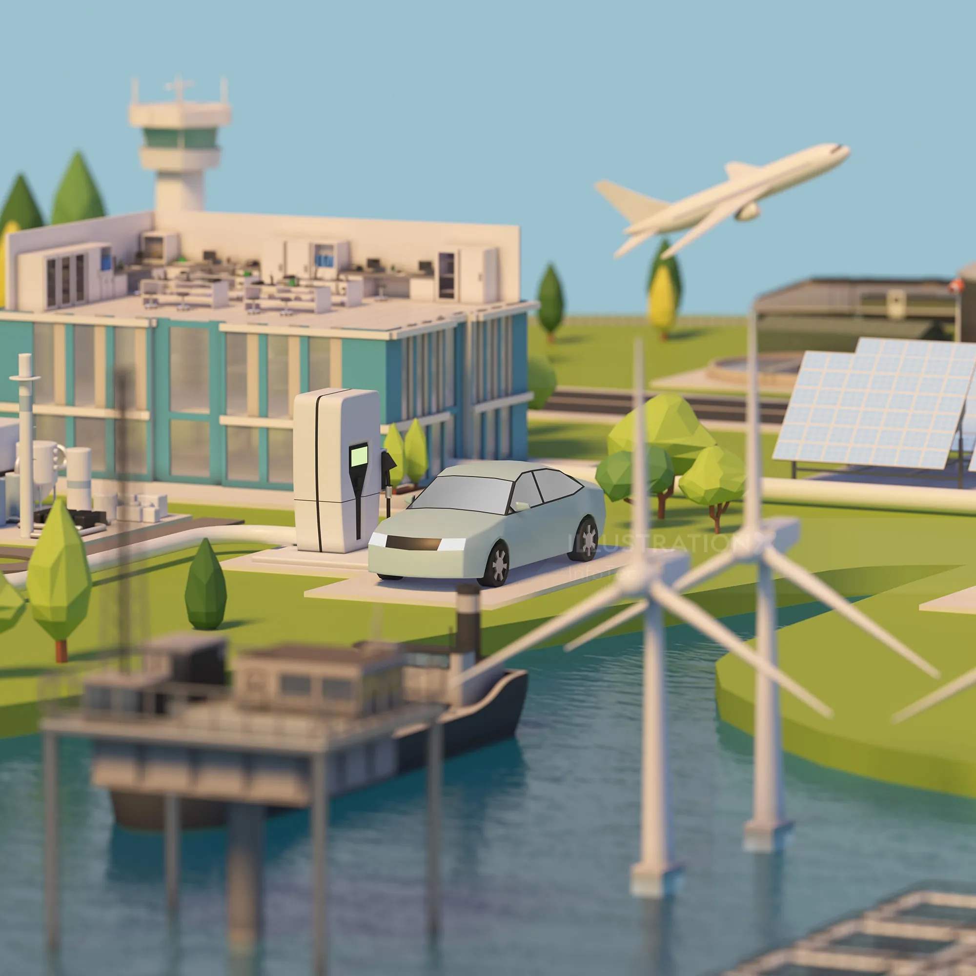 3D smart city model with wind turbines, solar panels, electric car and airplane by InfoTec