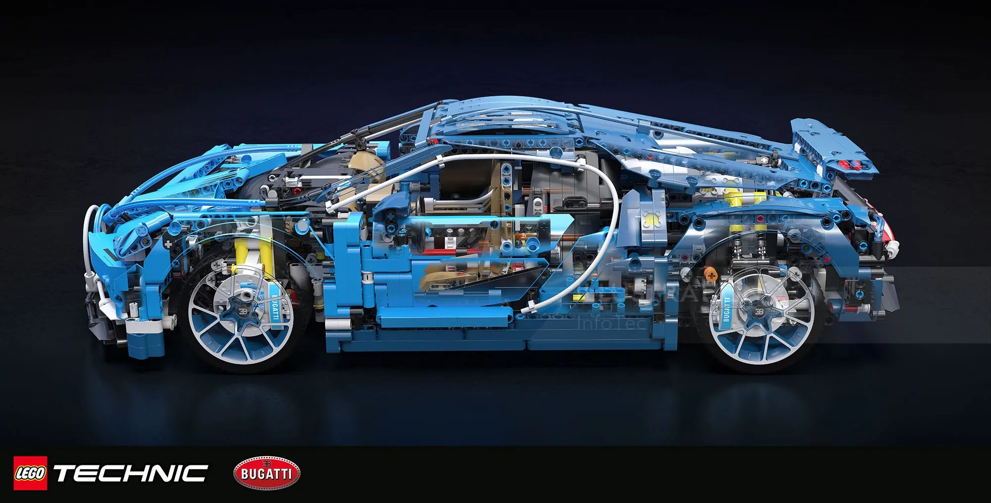 Lego Bugatti Chiron model showing internal mechanical details by InfoTec